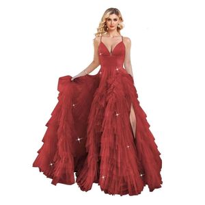 Gelaagde tule prom-jurken 2023 Glitter V nekbal jurk spaghetti riemen a-line formele feestjurken prom amz
