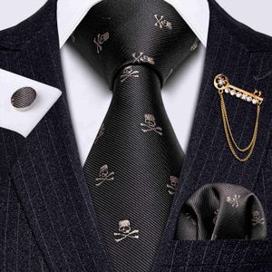 Ties Fashion Neck Designer Brown Skull Men Tie Tie Gold Brooch Broche Silk Set Gift for Wedding Business Barrywang Necktie J230227 Tie