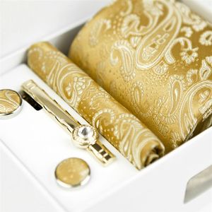 Corbatas Conjuntos de cuatro piezas Floral Paisley Oro sólido Amarillo Champán Corbatas para hombre Bolsillo cuadrado Corbata Clip Gemelos Nuevo 100% Seda Nuevo W251x