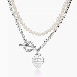 Tiffaniness Classic Temperament Sterling Sier Ot Buckle Layer Pearl hartvormige hanger met diamanten ketting voor vrouwen D60E