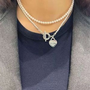 Tiffanisme ketting Klassiek temperament sterling zilver OT gesplaag parel hartvormige hanger met diamanten halsketting voor dames