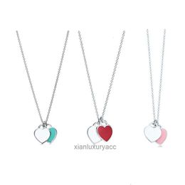 collier tiffantyisme double coeur s925 argent émail collier d'amour chaîne rose bleu coeur simple cadeau de Saint Valentin pour petite amie avec boîte cadeau