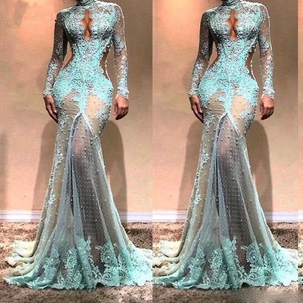 Tiffany azul Mangas largas Sirena Vestidos de baile Cuello alto Ver a través de encaje Vestido de noche formal Robe de soiree Vestidos de celebridades personalizados