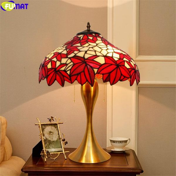 Lámpara de mesa de estilo Tiffany, pantalla roja, vidrieras, luz de escritorio, Base de aleación colorida, lámparas de artes decorativas artesanales