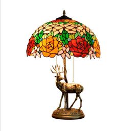 Lámpara de mesa de estilo Tiffany, vidrieras, rojo, amarillo, rosa, floral, vintage, luz antigua para sala de estar, dormitorio, oficina, luz de mesa multicolor