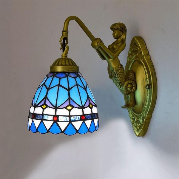 Tiffany Lámpara de pared Mar Mediterráneo Vidrieras Sirena Apliques de pared Mesita de noche Espejo de baño Accesorios E27 AC110-240V269O