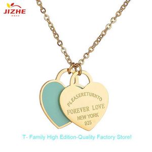 Tiffanyloves Pendentif Colliers 304 En Acier Inoxydable Double Coeur Émail Collier pour Femmes Même Bleu Collier Coeur De Pêche Chainco-box