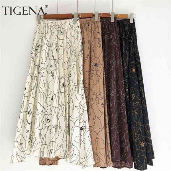 TIGENA 90 cm bohemio largo maxi falda mujeres verano moda coreana impresión gasa femenina boho sol cintura alta 210619