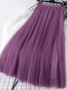 Tigena big hem long tulle jupe femme coréen décontracté simple solide 3 couches une ligne haute jupe maxi féminine femme violet 240325