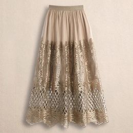 Tigena crochet encaje tul midi falda larga para mujeres vintage elegante hueco de una línea de cintura alta falda de longitud media 240423