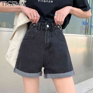 TIGENA taille haute Denim Shorts femmes été décontracté All-Match Jeans femme avec poche noir blanc 210724