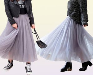 TIGENA jupes longues en Tulle femmes 2021 été élastique taille haute maille Tutu jupe plissée femme noir blanc gris Maxi jupe 2103051851282