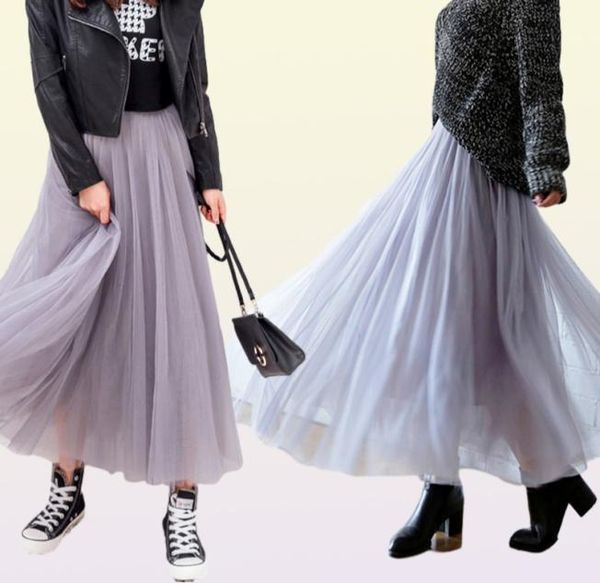 TIGENA jupes longues en Tulle femmes 2021 été élastique taille haute maille Tutu jupe plissée femme noir blanc gris Maxi jupe 2103053077296