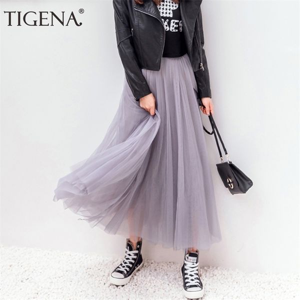 Tigena Tulle Jupes En Été Longue Maxi Jupe Jupe Féminine Élastique Taille haute Taute Plissée Tutu Jupe Sun Black Gris Blanc 210311