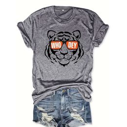 T-shirt à manches courtes et col rond pour femme, imprimé de lunettes de soleil avec animaux de tigre, décontracté et ample