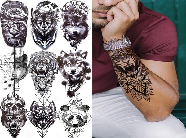Tiger Black Tribal Tótem Tatuaje temporal para hombres Niños Falsos Wolf Panda Lion Death Skull Tattoo Pegatina Geométrica Tatos1129884