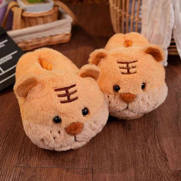 Tigre dessin animé hiver femme intérieur pantoufles mignon rose cochon Animal en peluche femmes maison chaussures mode nouvelles filles sans lacet fourrure diapositives H1122