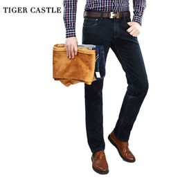 Tiger Castle Mens Winter Fleece Jeans Klassieke Stretch Warm Flanel Denim Broek Elastische Mannelijke Jeans Designer Heren Warme Broek G0104
