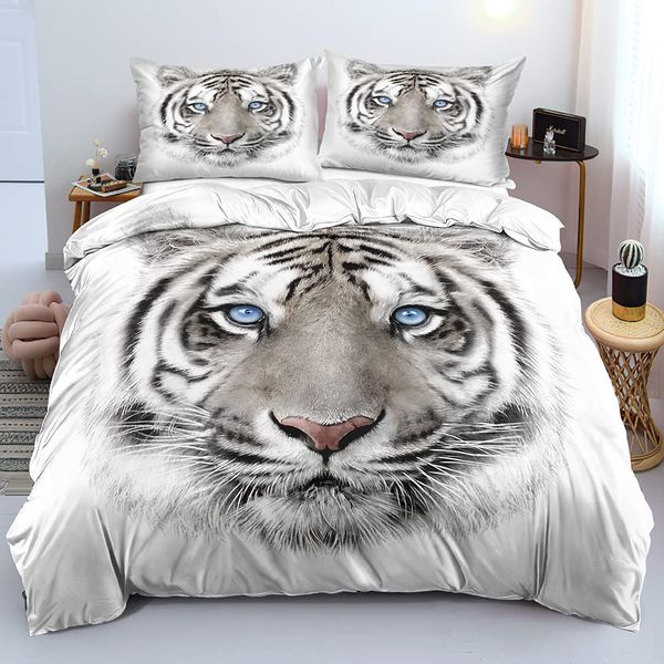 Conjunto de cubierta de edredón de tigres Tamaño King King 3d Tigres de tigre White Conjuntos de ropa de cama