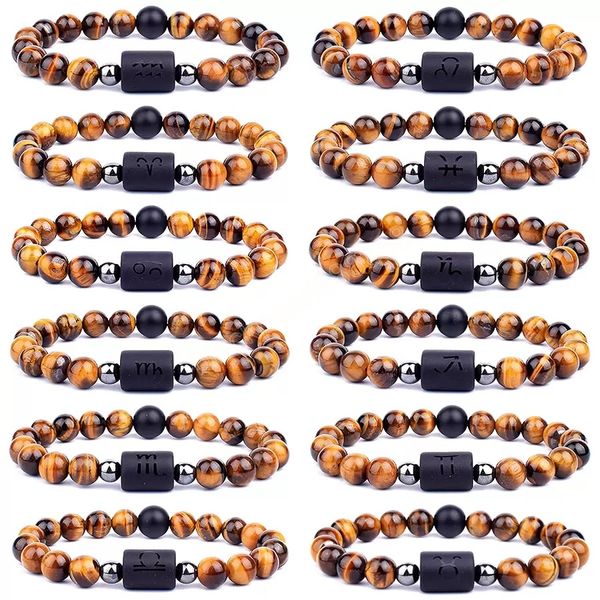 Tiger Eye stone 12 Constelación Pareja Strand Pulsera Hombres Leo Aries Acuario Sagitario Zodiaco Libra Pulseras para Mujeres Amistad Joyería