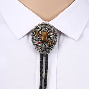 Tiger Eye Stone Leaf Bolo Tie pour l'homme Cowboy Western Cowgirl Cuir Corde en alliage zinc Coldie 2614