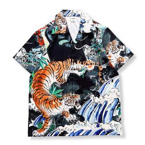 Tigre imprimé complet col boutonné chemise pour hommes été mince matériel chemises pour homme vacances plage chemises hawaïennes homme vêtements