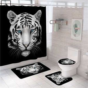 Tijger Leopard Dieren Afdrukken Douchegordijn Polyester Gordijnen in Badkamer Bad Tapijt Set Rugs Toilet Matten Cool Home Decor 211116