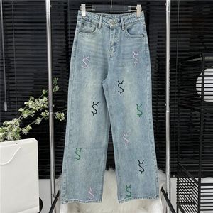 Lettre brodée colorée pantalon denim jeans de créateur de femmes vêtements mode pantalon lâche fille fille long pantalon