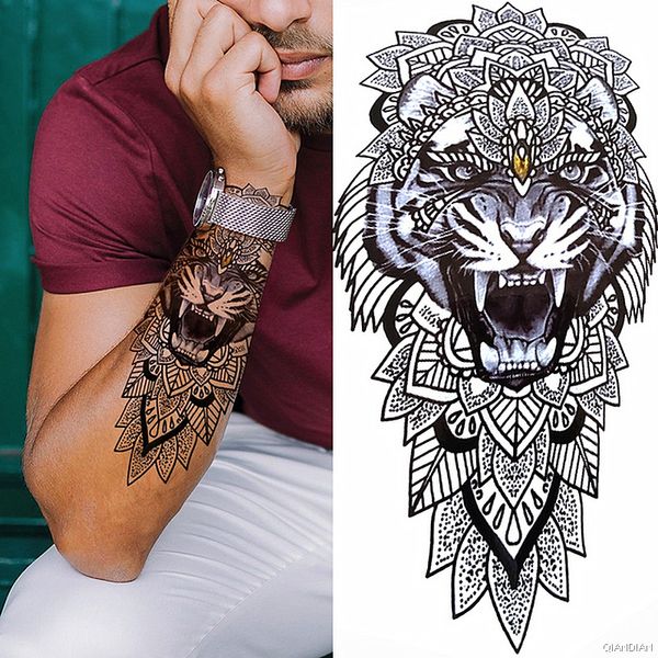 Tigre loup Animal homme temporaire tatouage autocollant étanche crâne fleur boussole aigle corps bras manches faux Totem femmes