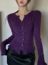 Cardigan à boutons serrés, pull tricoté violet pour femme, manteau élégant, vêtements d'hiver des années 2000, 240123