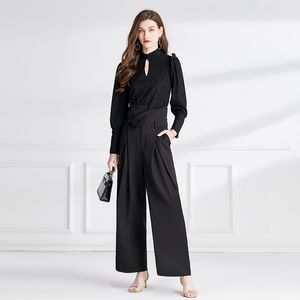Strak taille ontwerp damesets, elegante zwarte blouse en hoge taille wide been broek 2 pc's pak, kantoor dames, lente herfst