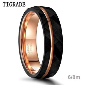 Tigrade 6mm 8mm zwarte wolfraam ringen voor mannen vrouwen dunne rosé gouden groef gehamerd trouwring ring comfort fit maat 514 2202091207786