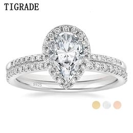 TIGRADE 925 en argent Sterling bande de mariage larme anneaux de mariée ensembles Halo cubique zircone Solitaire bague de fiançailles pour les femmes taille 240402