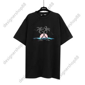 Tik Tok Influencer Same Designer Brand Puur katoen Sunset Beach Cross Kokospalmprint Zwart los T-shirt met korte mouwen voor mannen en vrouwen