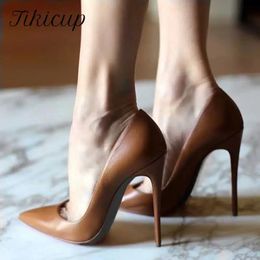 Tikicup solide kaki marron mat femmes bout pointu talons aiguilles sans lacet OL robe chaussures élégantes dames pompes formelles 240129