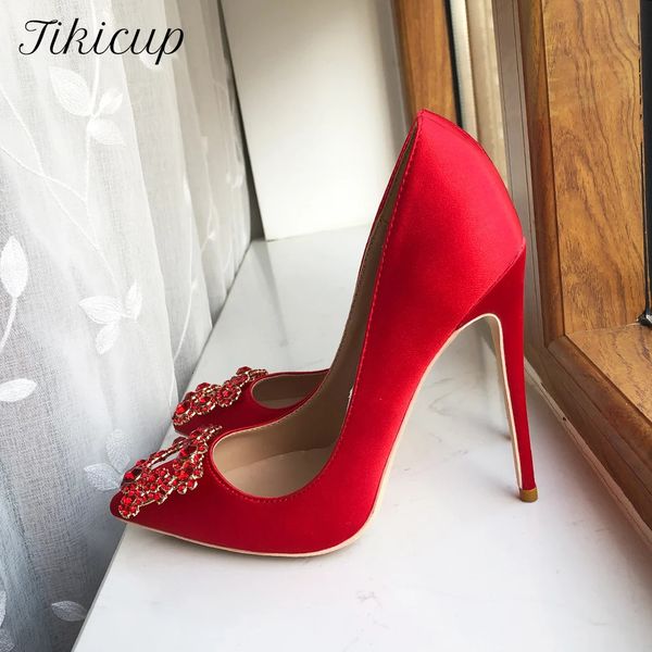 Tikicup carré strass femmes rouge soie satin bout pointu chaussures de mariée de mariage à talons hauts dames élégantes pompes à talons aiguilles 33-45 240129