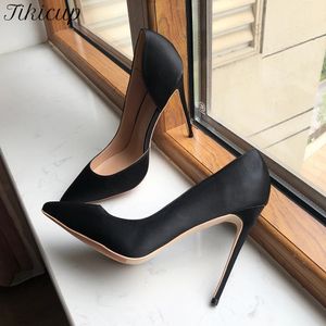 Tikicup Femmes Noir Soie Satin DOrsay Stiletto Pums Pointe Toe Slip on Élégant Dames Formelle Mode Chic Talon Haut Robe Chaussures 240228