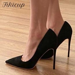 Tikicup Women Solid Black Flock Pointed Toe Stiletto Pumps Elegante dames Formele kledingschoenen OL Slip op hoge hakken 8 cm 10 cm 12 cm 240228