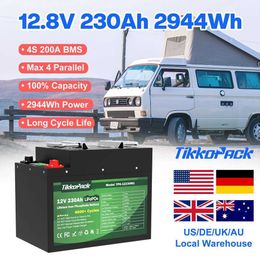 TIKKOPACK 12V 230Ah LiFePO4 Batterie Intégrée 4S 200A BMS 12.8V Haute Capacité 4000+ Cycle RV Golf Cart Solaire Sans Taxe Hors Réseau