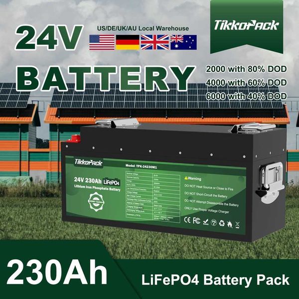 TIKKOPACK 24V 230Ah LiFePO4 Batterie 5kWh Lithium Ion Phosphate Batteri BMS 4S 200A Mise à niveau 4000+ Cycle RV Cart EU US Pas de taxe