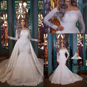 2023 Lace Mermaid Wedding Jurken Bateau Nek Lange mouwen Tule Lace Applique Sweep Train Bruidsjurken met afneembare BC14759 GB1128