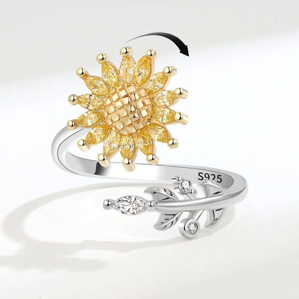 Tiktok rotatif Micro ensemble diamant complet zirconium tournesol bague de soulagement de l'anxiété femme