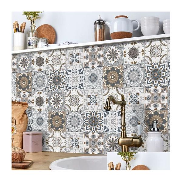 Pegatinas de azulejos 24 PCS Estilo moderno PVC Impermeable Antifoing Autoadhesivo Cocina Baño Piso Arte Decoración de la pared Calcomanías Drop Entrega Dhilp