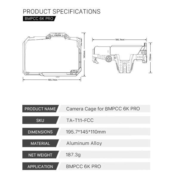 Tilta BMPCC 6K Pro Camera Cage TA-T11-A Kit de plate-forme DSLR pour BMD BMPCC 6K Pro Plaque supérieure Poignée R / S Poigure latérale Armure