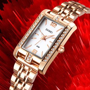 Time Beauty Skmei Fashion Personality Veelzijdige roségoud diamanten set damesstudent kleine vierkante stalen band Quartz Watch