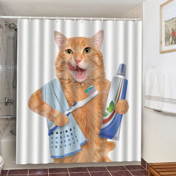 Temporizadores Cortina de ducha de gato lindo y divertido Impresión 3D Paisaje animal Cortinas de baño Tela de poliéster impermeable Decoración de fondo del hogar