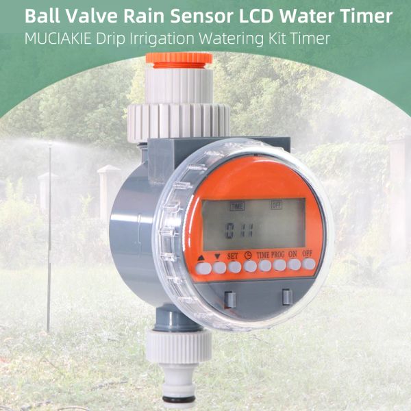 Temporizadores MUCIAKIE Sensor de lluvia Válvula de bola LCD Temporizador de agua de jardín Riego electrónico automático Controlador de riego Programable Digital