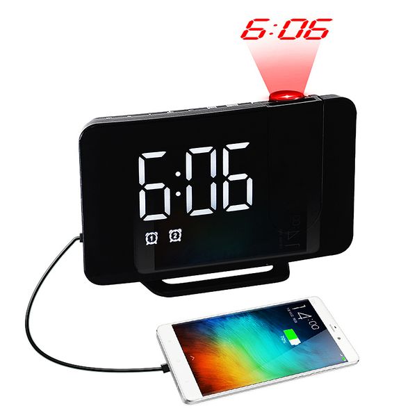 Minuteries Réveil de projection Grand écran LED numérique Horloge Snooze Radio FM Horloge USB avec projecteur rotatif à 180°, variateur de luminosité à 3 niveaux, chambre à coucher