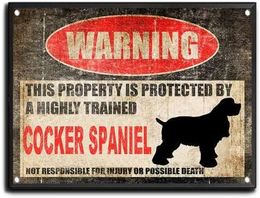 Letrero de estaño Cuidado con la placa de perros Cocker Spaniel Signo Esta propiedad está protegida Funny Metal Tin Sign Home Cocina Bar Room