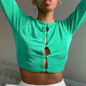 Tinastyle Double Couches Boutons Casual T-shirt Femmes À Manches Longues Court Été Crop Top Chemise 2021 Nouvelle Fête T-shirts y2k Tops Y0508